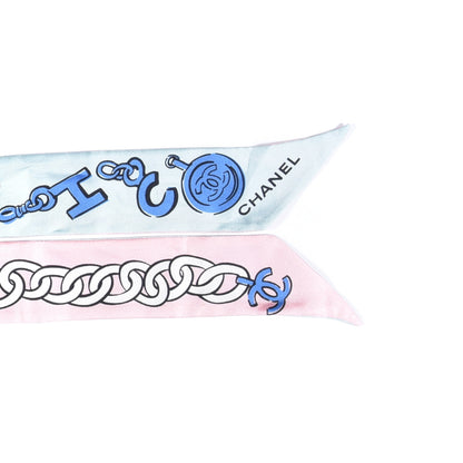 Chanel Silk CC Chain Slim Bandeau Scarf Pink Blue 3 of 4