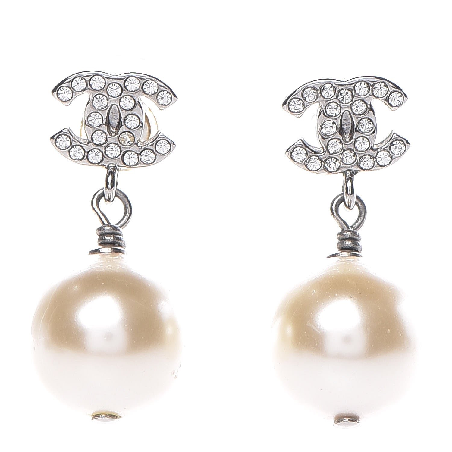 Chanel Crystal Pearl CC Drop Earrings Silver 1 of 5