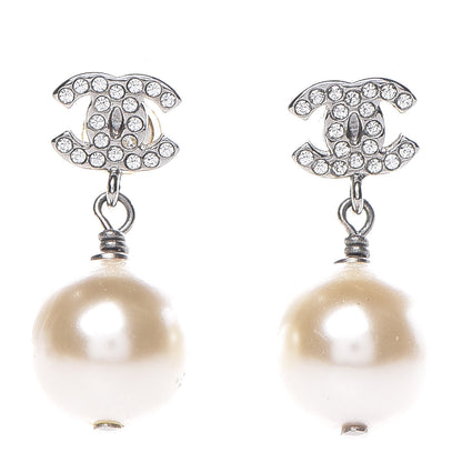 Chanel Crystal Pearl CC Drop Earrings Silver 1 of 5