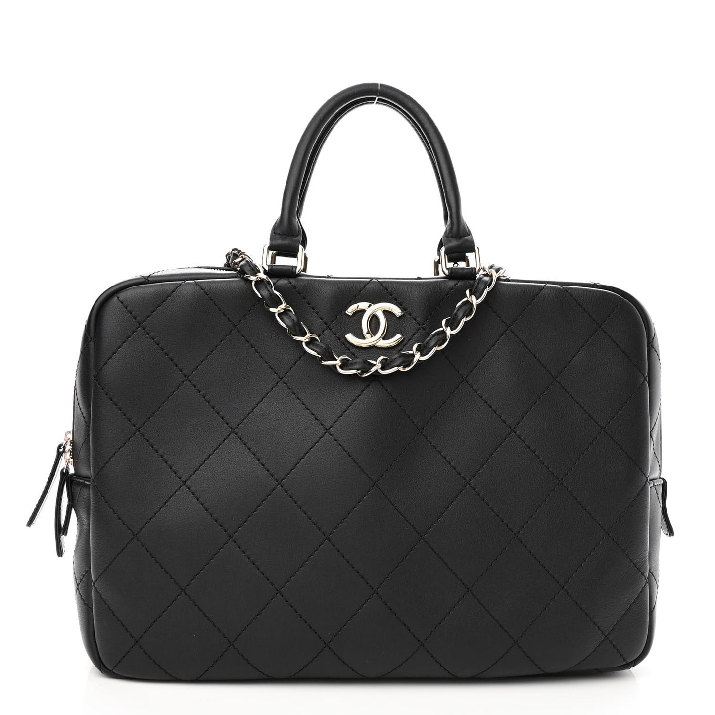 Calfskin Diamond Stitched Top Handle Bowling Bag Black