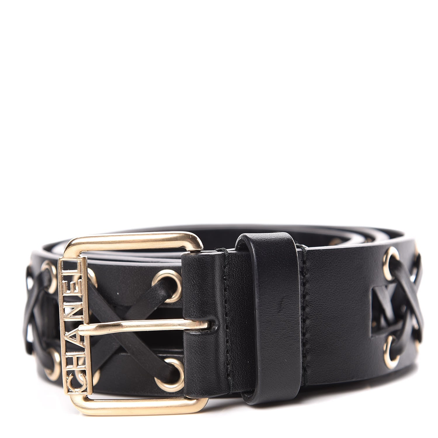 Chanel Calfskin Cross Stitch Grommet Belt 80 32 Black 1 of 7