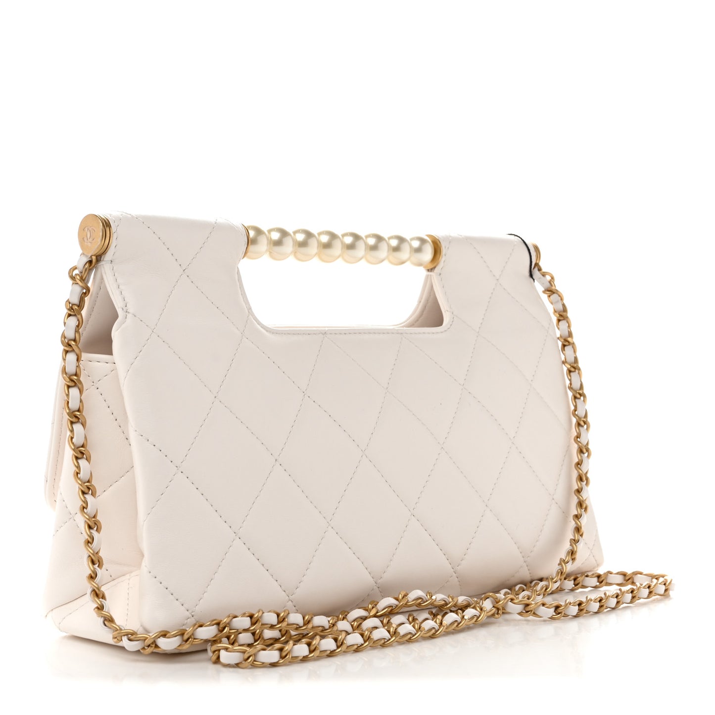Shiny Lambskin Pearl Top Handle Flap Shopping Bag White