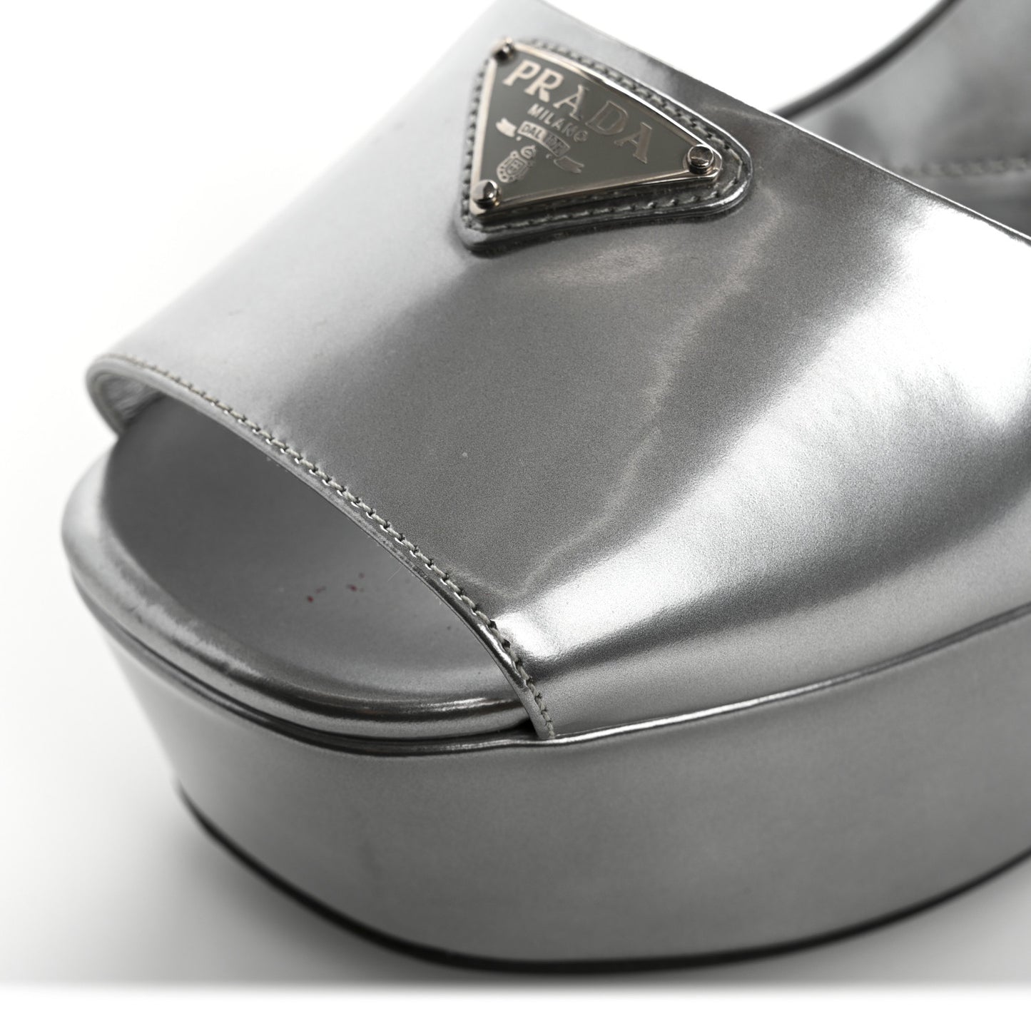 Metallic Calfskin Metal Triangle Logo Ankle Strap 40/115mm Platform Sandals 38 Silver
