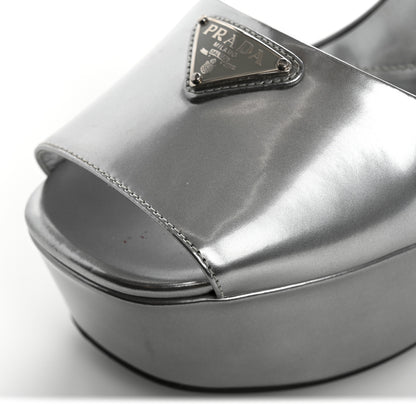 Prada Metallic Calfskin Metal Triangle Logo Ankle Strap 40/115mm Platform Sandals 38 Silver 11 of 11