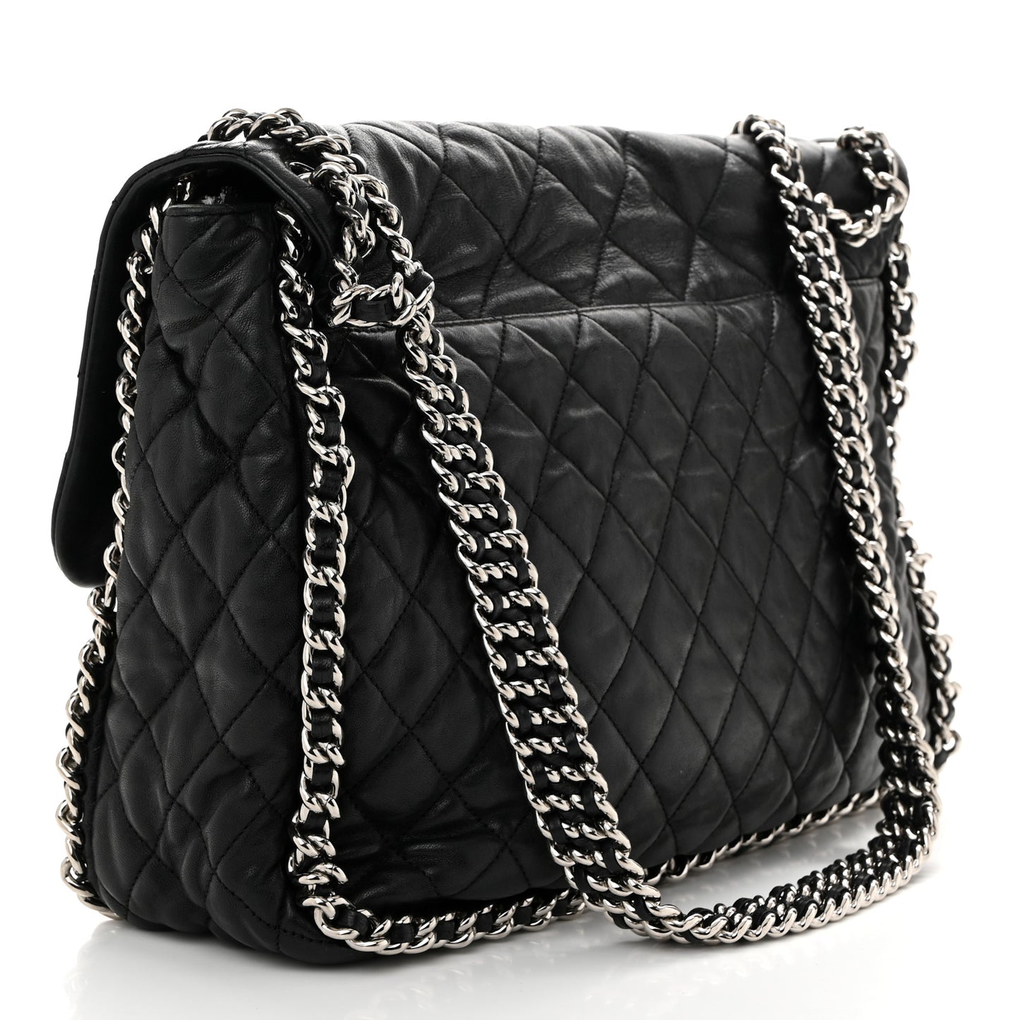 Washed Lambskin Quilted Maxi Chain Around Flap Black