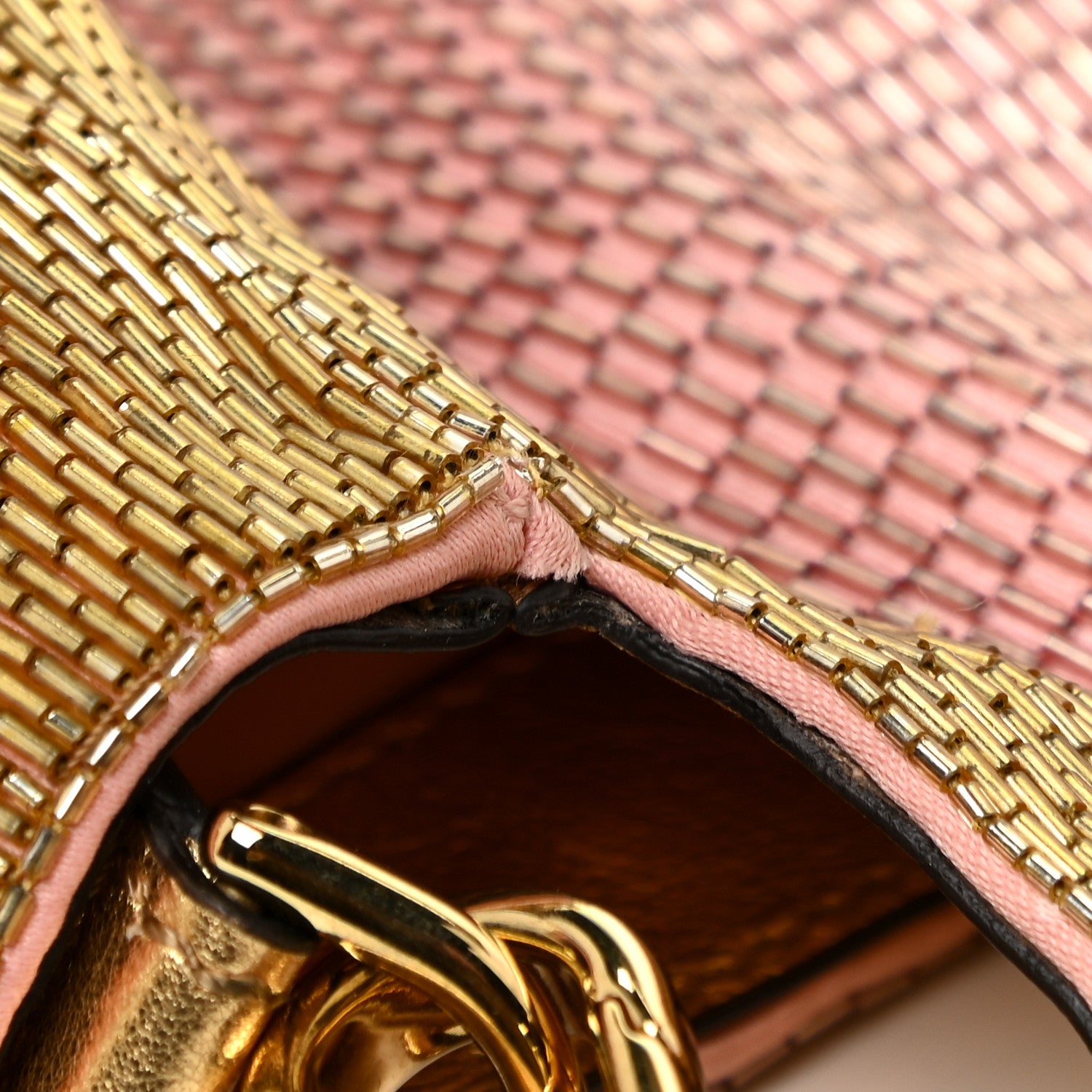 Fendi Vitello Catalan Mirror Bead Embroidered Baguette Rosa Pesca Gold 14 of 17