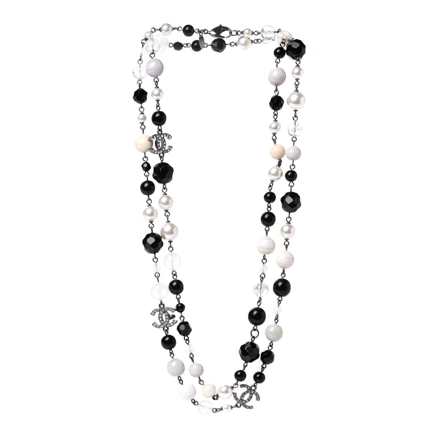 Pearl Beaded Crystal CC Long Necklace Black Silver