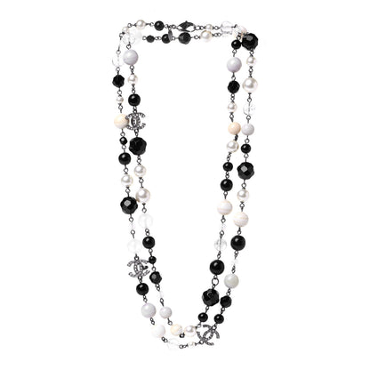 Chanel Pearl Beaded Crystal CC Long Necklace Black Silver 3 of 9