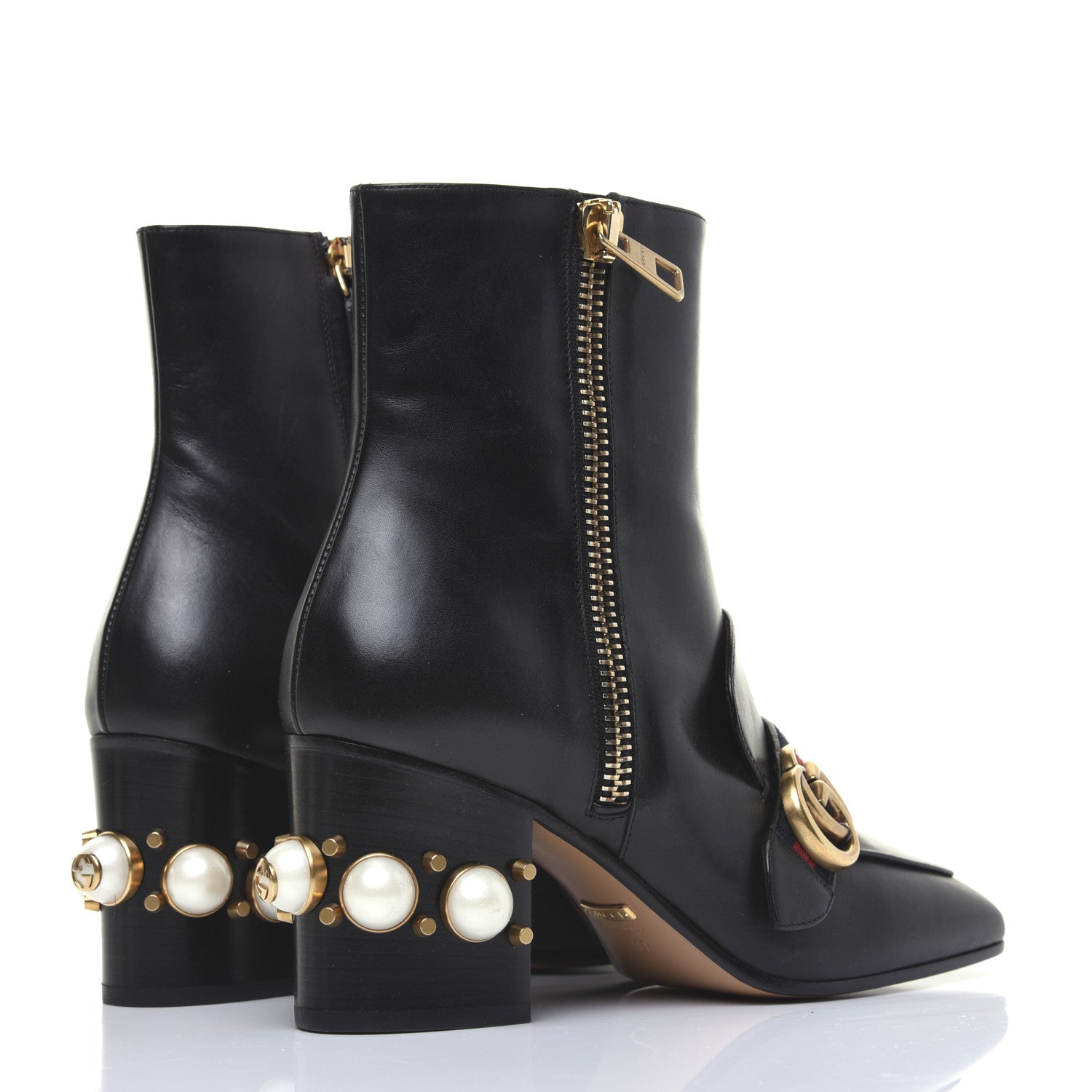 Gucci Betis Glamour Calfskin Web Pearl Embellished Peyton 75mm Ankle Boots 37 Black 4 of 19