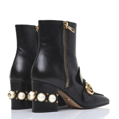 Gucci Betis Glamour Calfskin Web Pearl Embellished Peyton 75mm Ankle Boots 37 Black 4 of 19