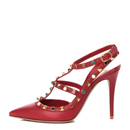 Valentino Garavani Calfskin Rockstud Rolling Ankle Strap 100mm Pumps 37.5 Rosso Valentino 1 of 11