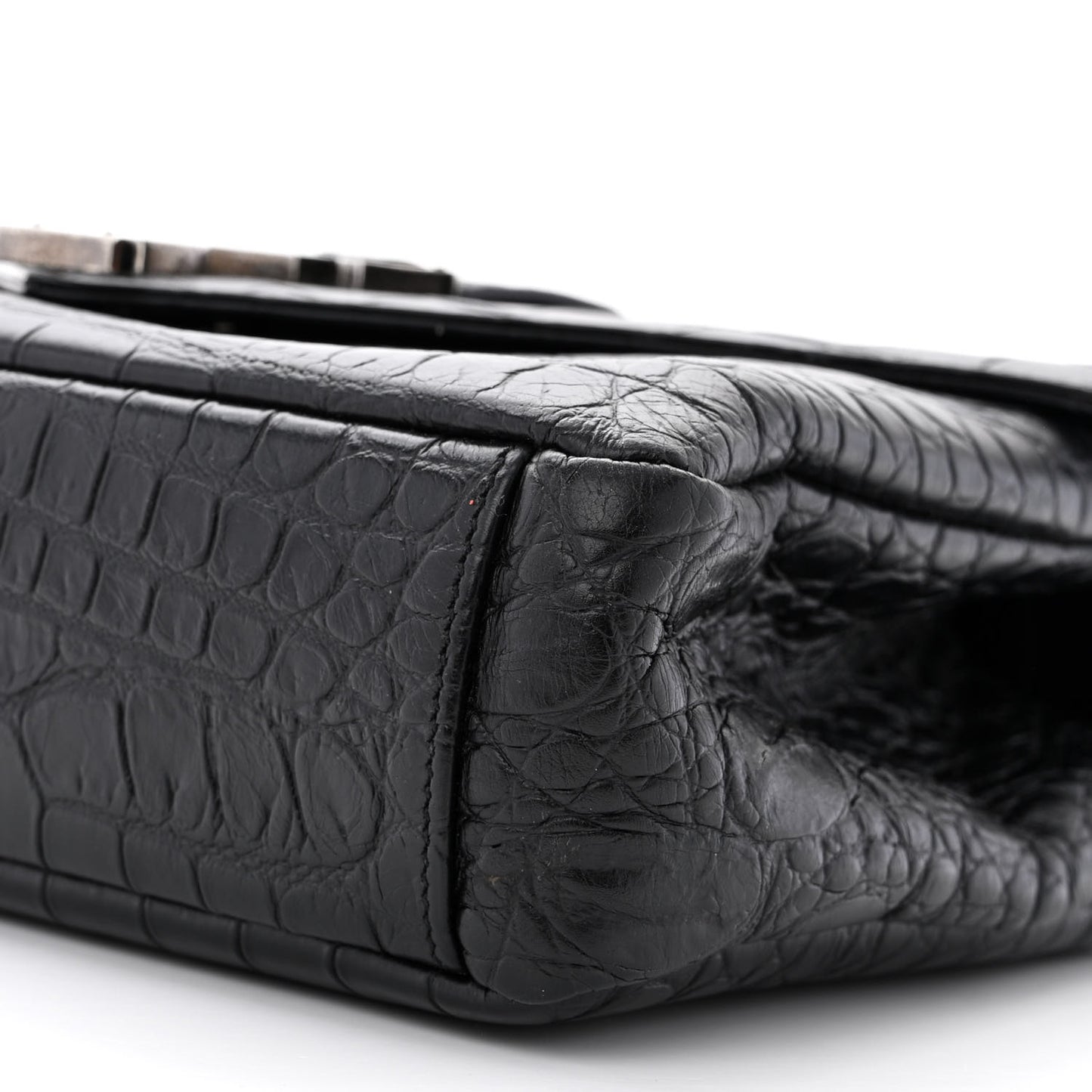 Calfskin Crocodile Embossed Medium College Monogram Satchel Black