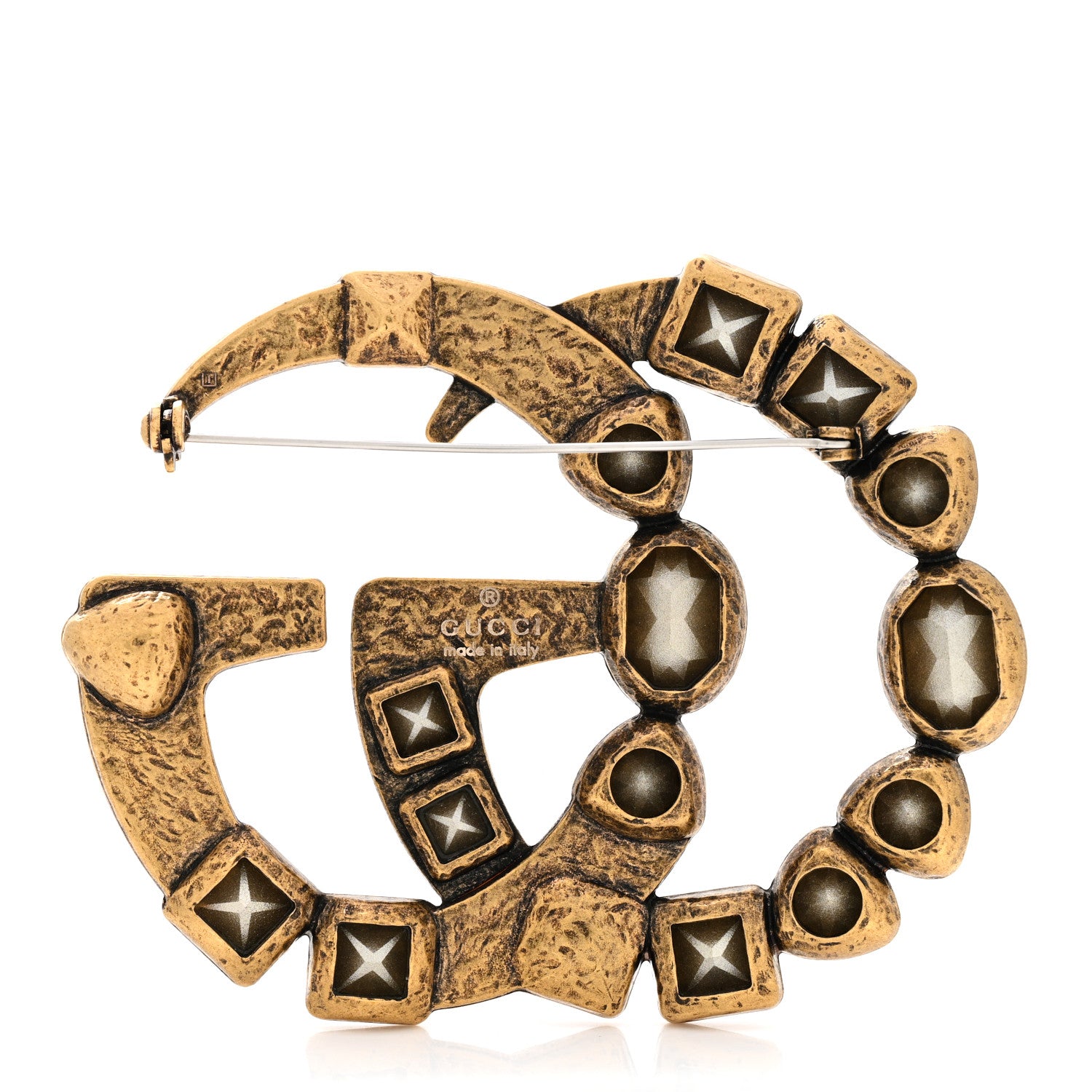Gucci Metal Crystal Double G Brooch Aged Gold Multicolor 3 of 7
