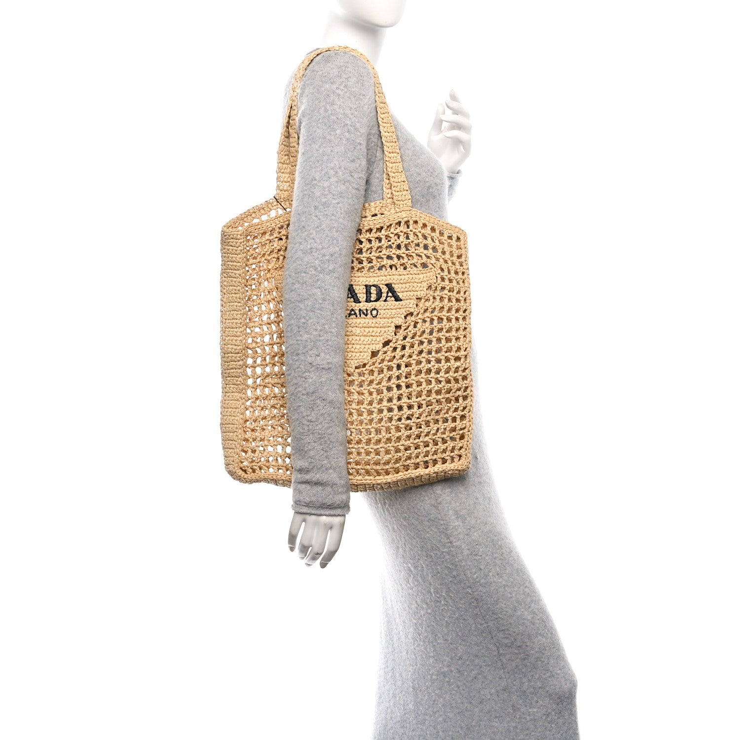 Prada Yarn Raffia Effect Crochet Logo Embroidered Tote Bag Naturale 2 of 11