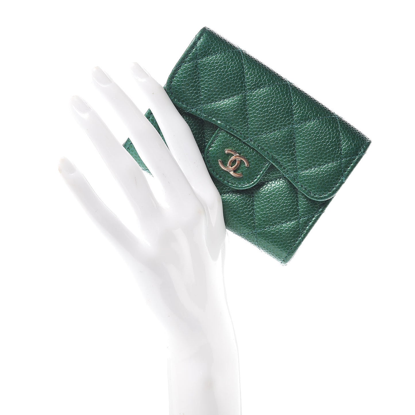Metallic Caviar Quilted Card Holder Wallet Green
