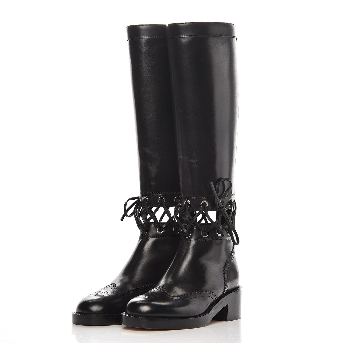Calfskin Lace Up Knee High Boots 36 Black