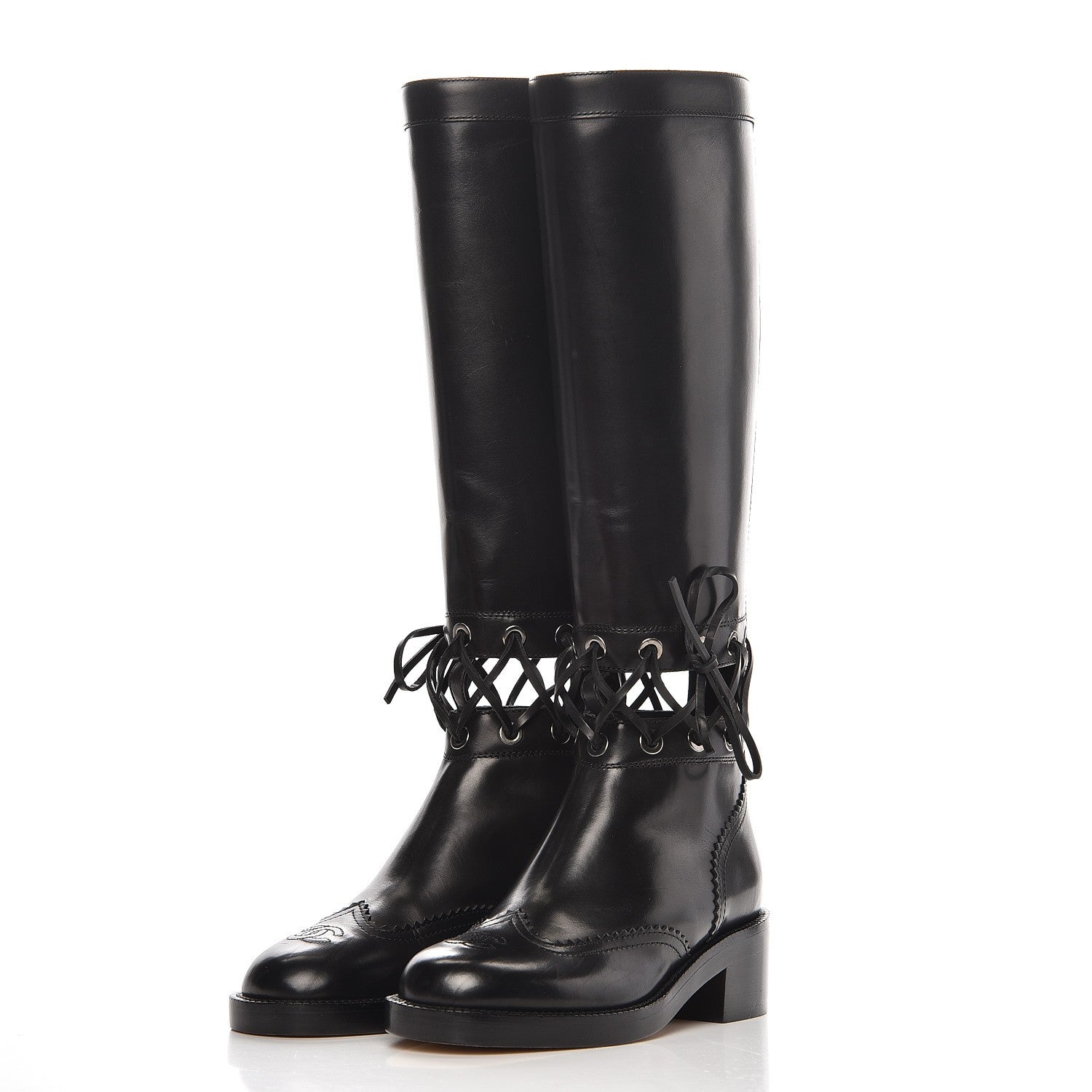 Chanel Calfskin Lace Up Knee High Boots 36 Black 2 of 9