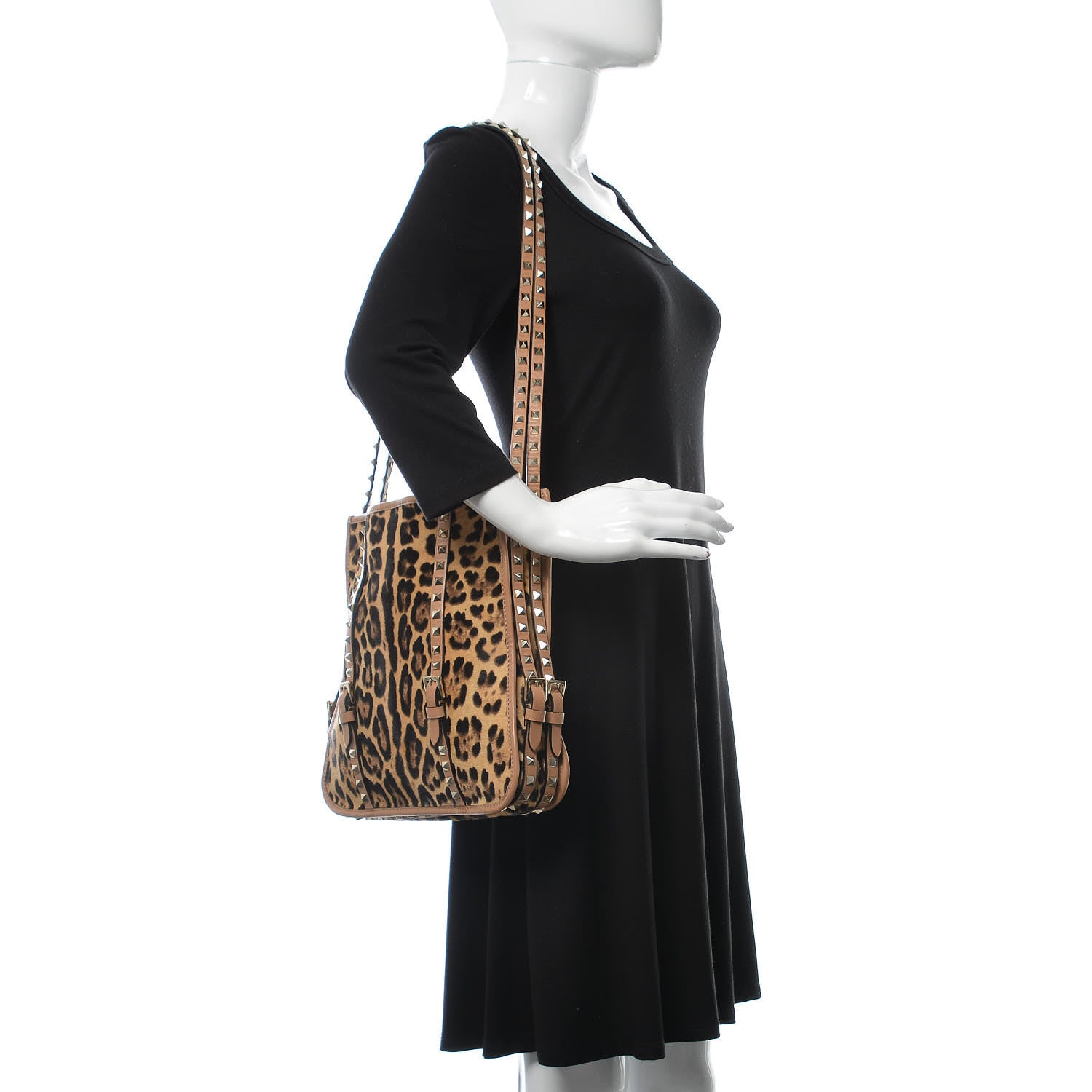 Valentino Garavani Calf Hair Leopard Print Rockstud Shopper Tote Tan 3 of 19