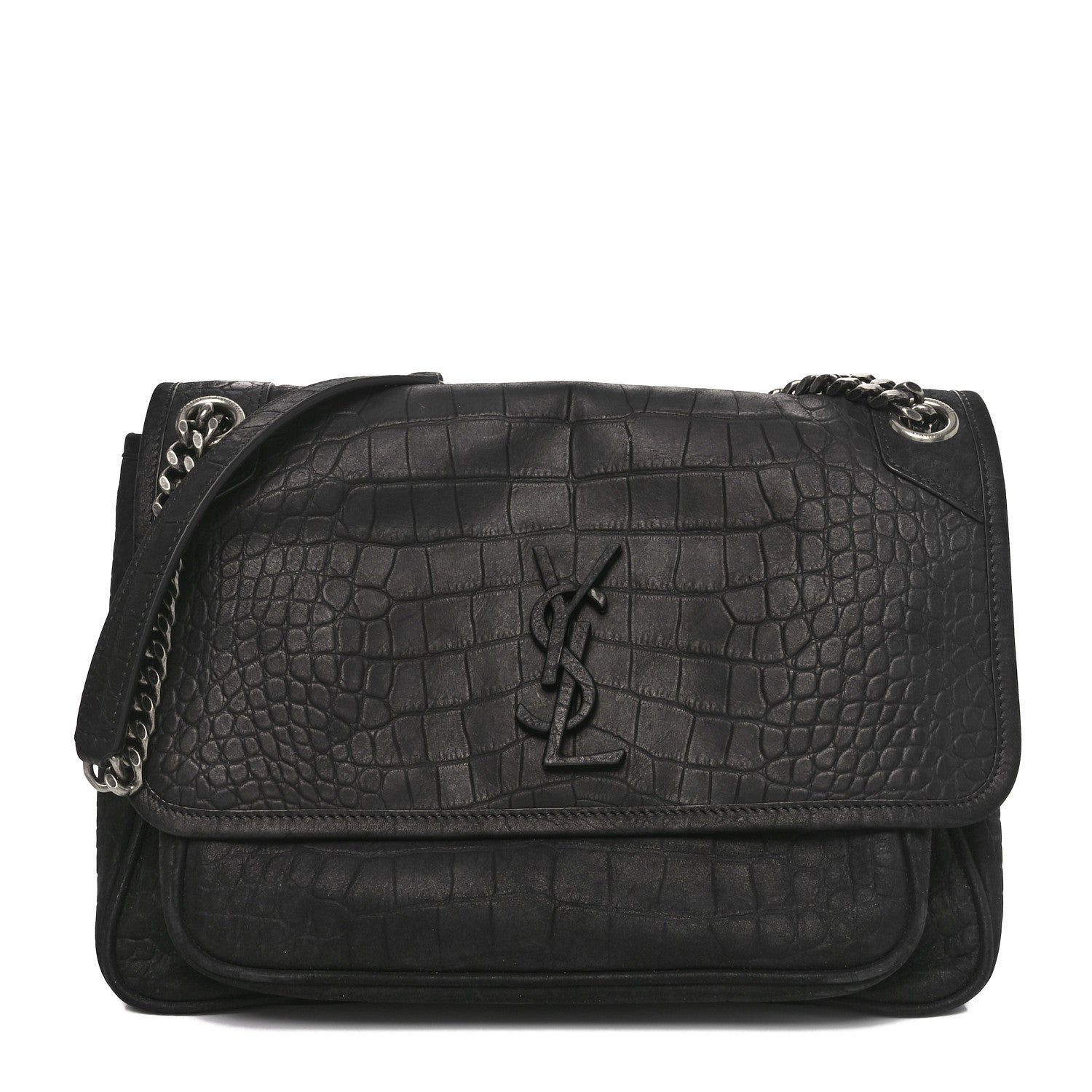 Saint Laurent Nubuck Crocodile Embossed Monogram Medium Niki Chain Satchel Black 1 of 10