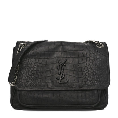 Saint Laurent Nubuck Crocodile Embossed Monogram Medium Niki Chain Satchel Black 1 of 10
