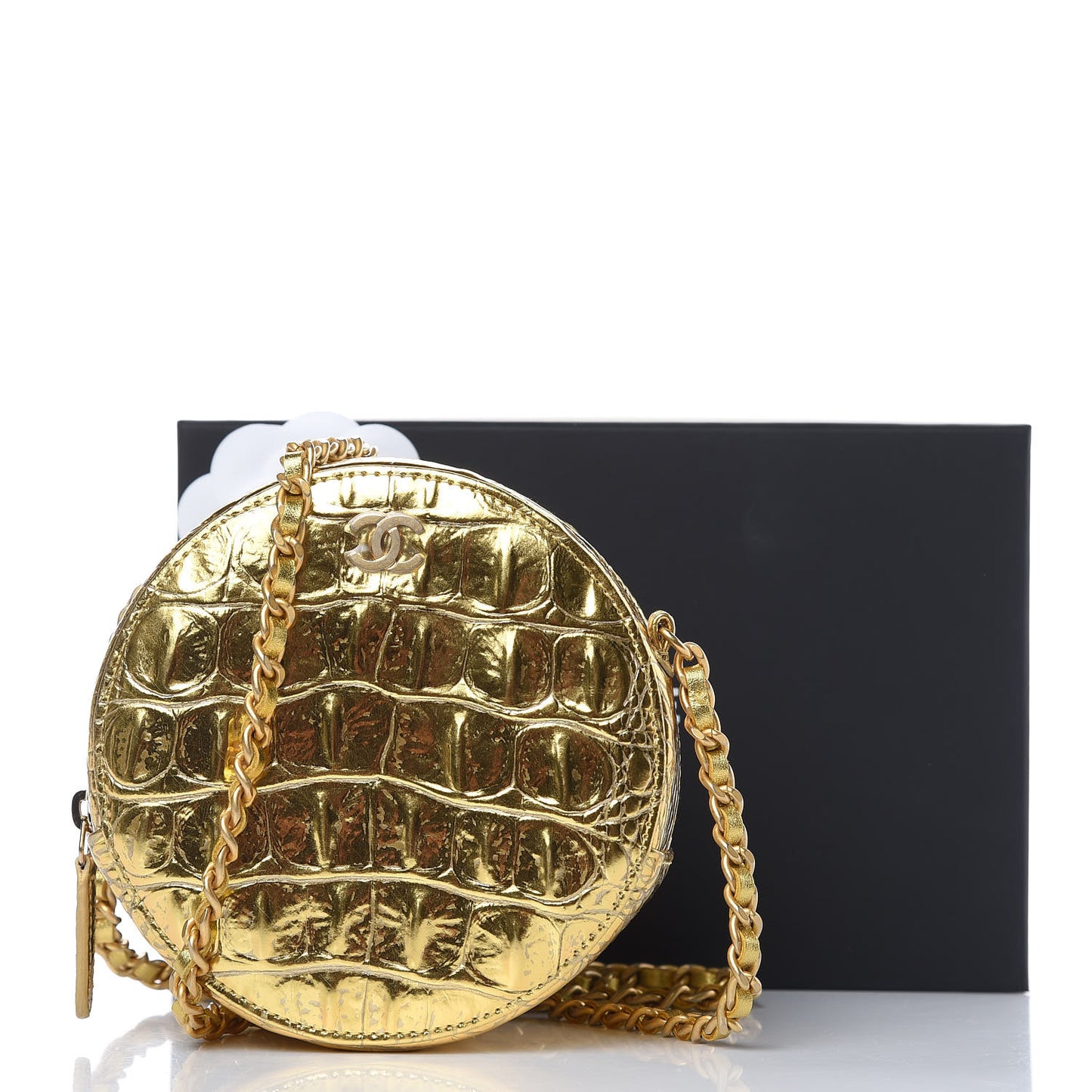 Metallic Calfskin Crocodile Embossed Cocodile Round Clutch with Chain Gold