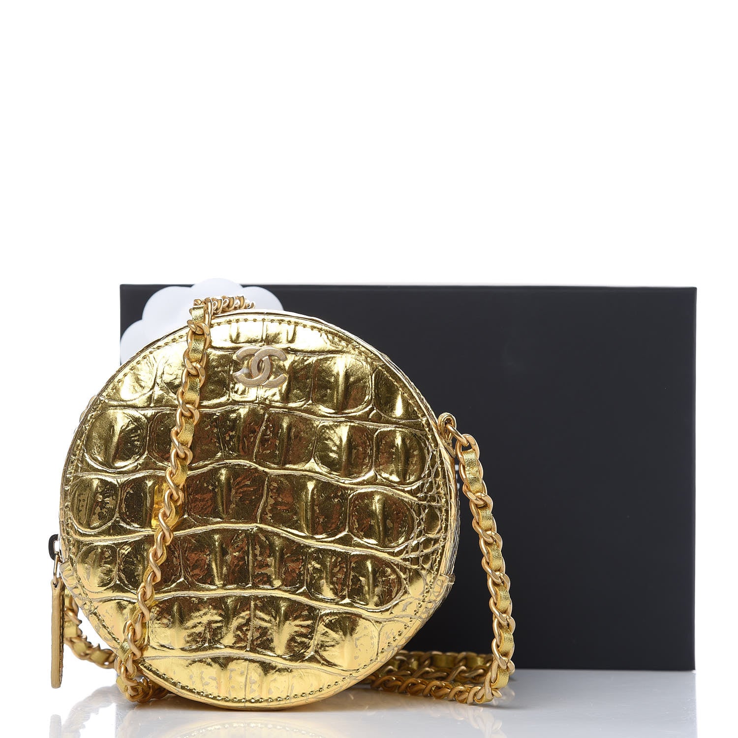 Chanel Metallic Calfskin Crocodile Embossed Cocodile Round Clutch with Chain Gold 8 of 8