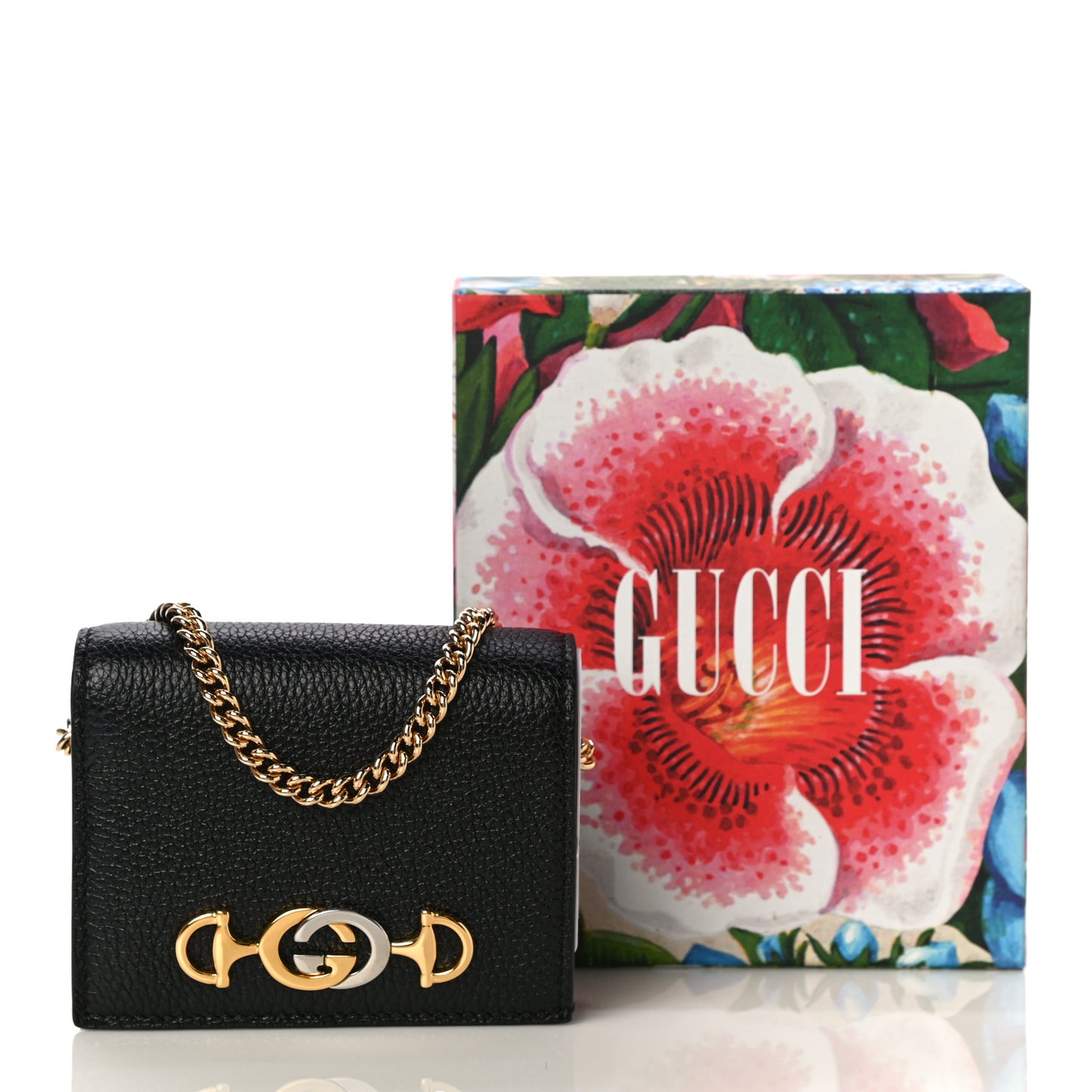 Grainy Calfskin Zumi Chain Card Case Wallet Black