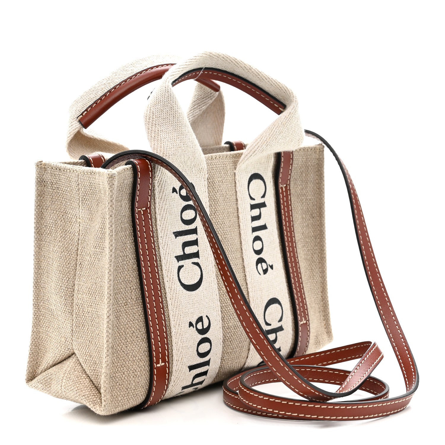 Chloe Cotton Calfskin Mini Woody Ribbon Tote White Brown 3 of 10