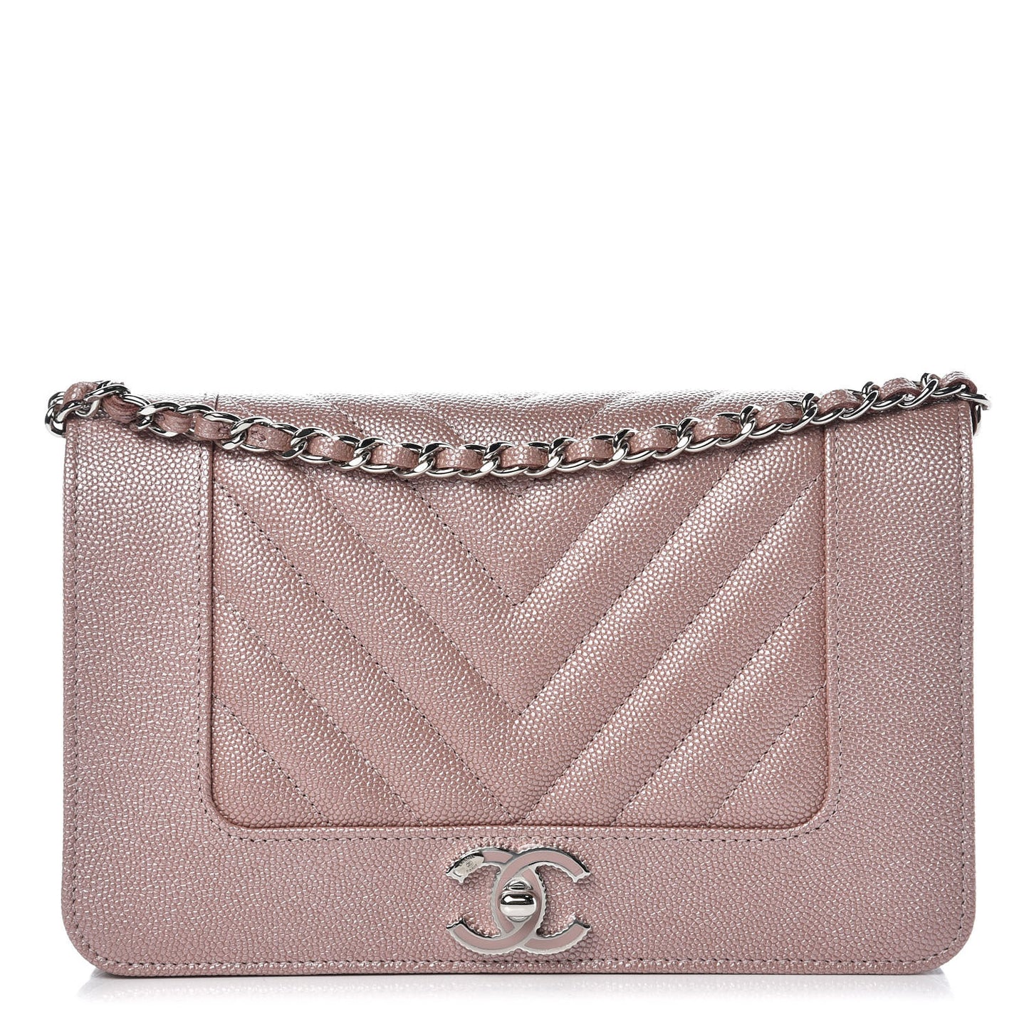 Metallic Caviar Chevron Quilted Vintage Mademoiselle Wallet On Chain WOC Pink