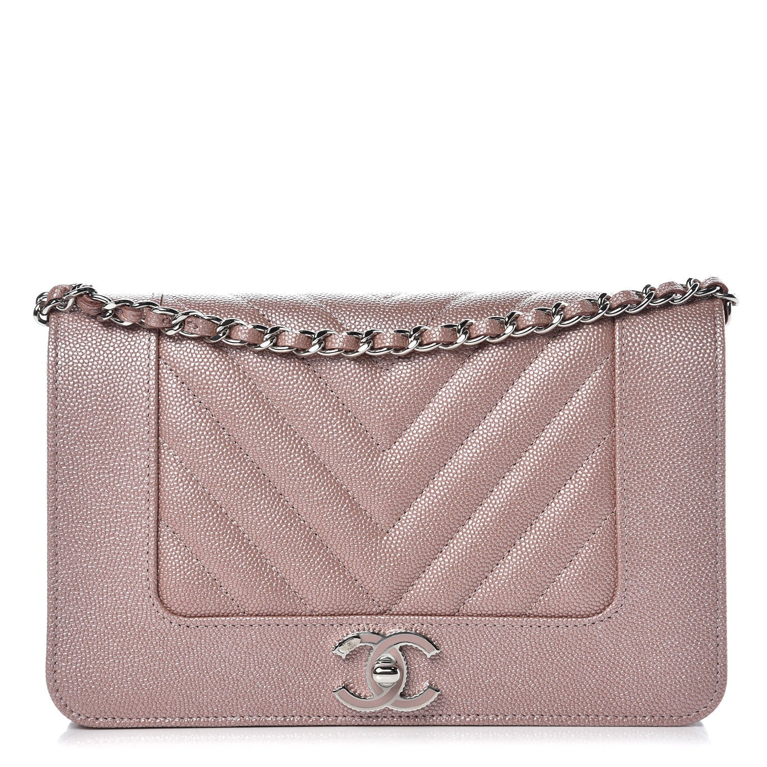 Chanel Metallic Caviar Chevron Quilted Vintage Mademoiselle Wallet On Chain WOC Pink 1 of 8