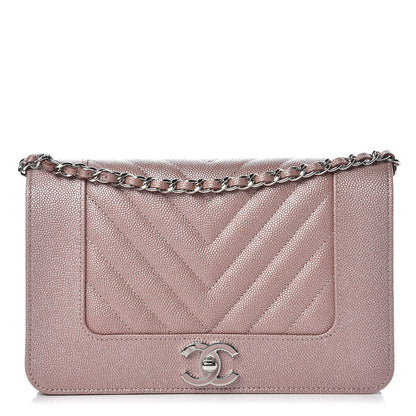 Chanel Metallic Caviar Chevron Quilted Vintage Mademoiselle Wallet On Chain WOC Pink 1 of 8