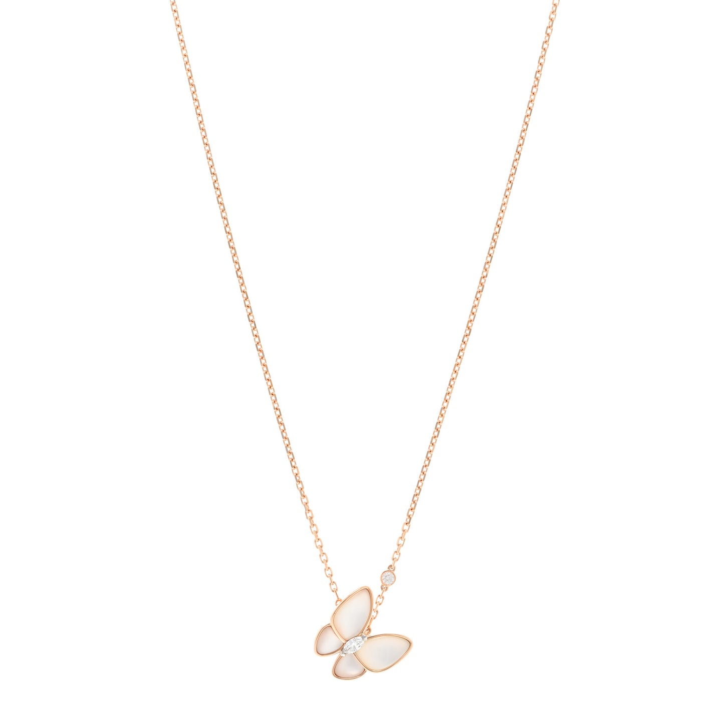 18K Rose Gold Diamond Mother of Pearl Two Butterfly Pendant Necklace