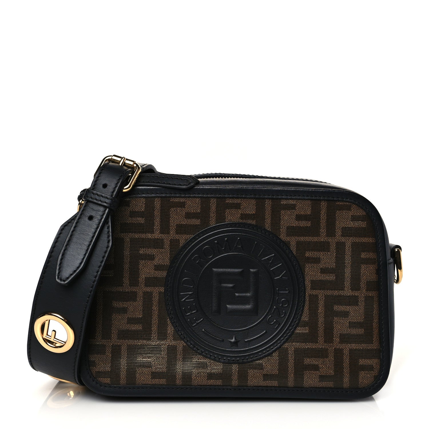 Fendi Glazed Fabric Vitello Century F is Fendi FF 1974 Stamp Patch Camera Case Mogano Panna Black 1 of 10