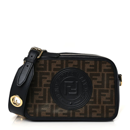 Fendi Glazed Fabric Vitello Century F is Fendi FF 1974 Stamp Patch Camera Case Mogano Panna Black 1 of 10