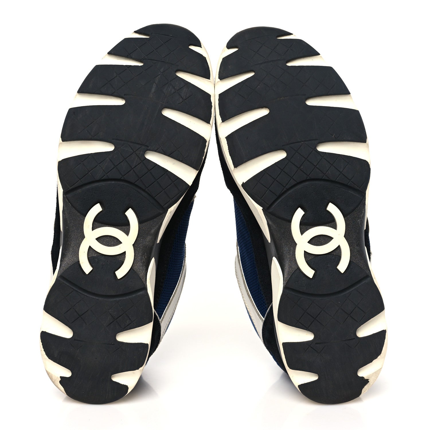 Chanel Mesh Suede Calfskin Womens CC Sneakers 38 Dark Blue Black White 6 of 12