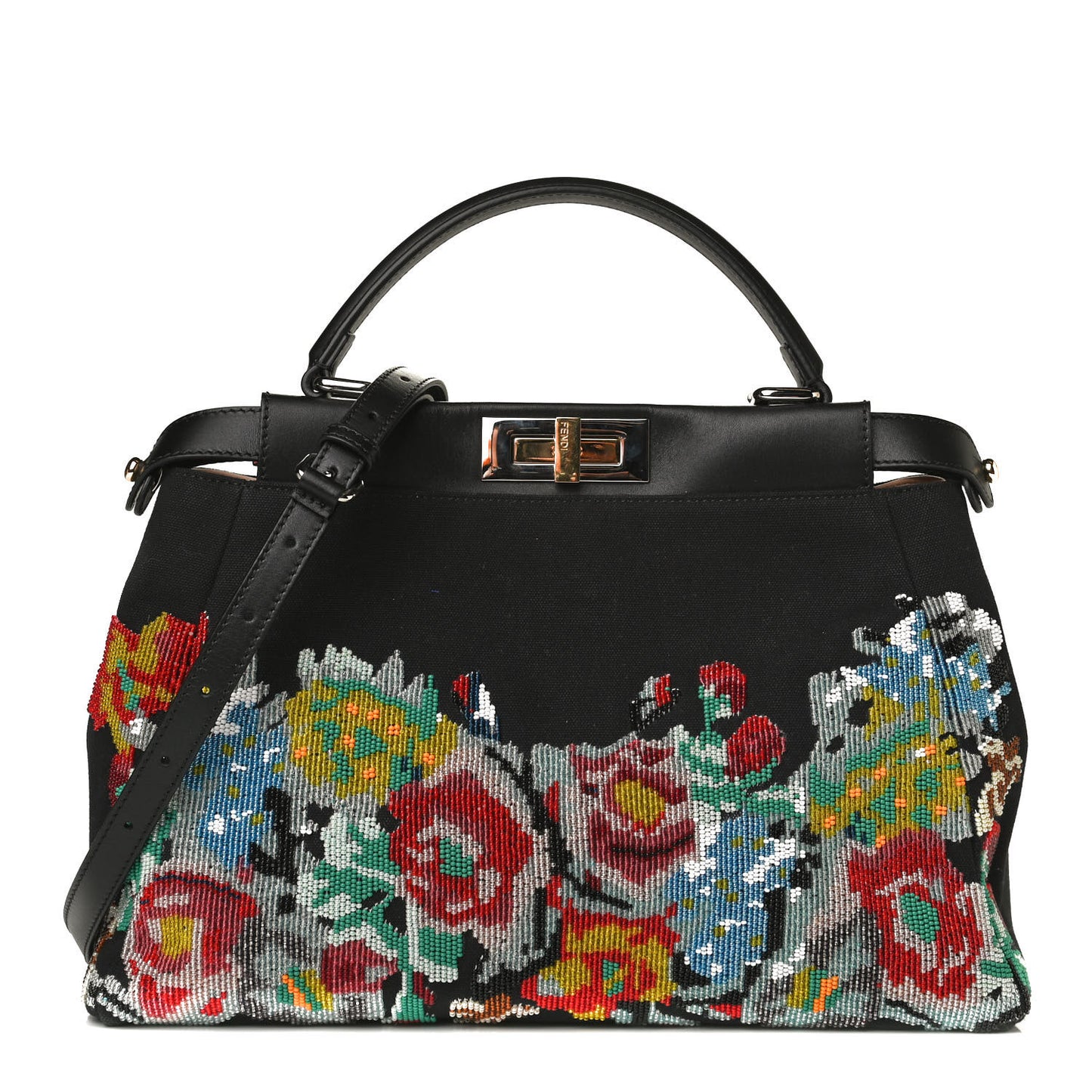 Canvas Beaded Floral Medium Peekaboo Iconic Satchel Black