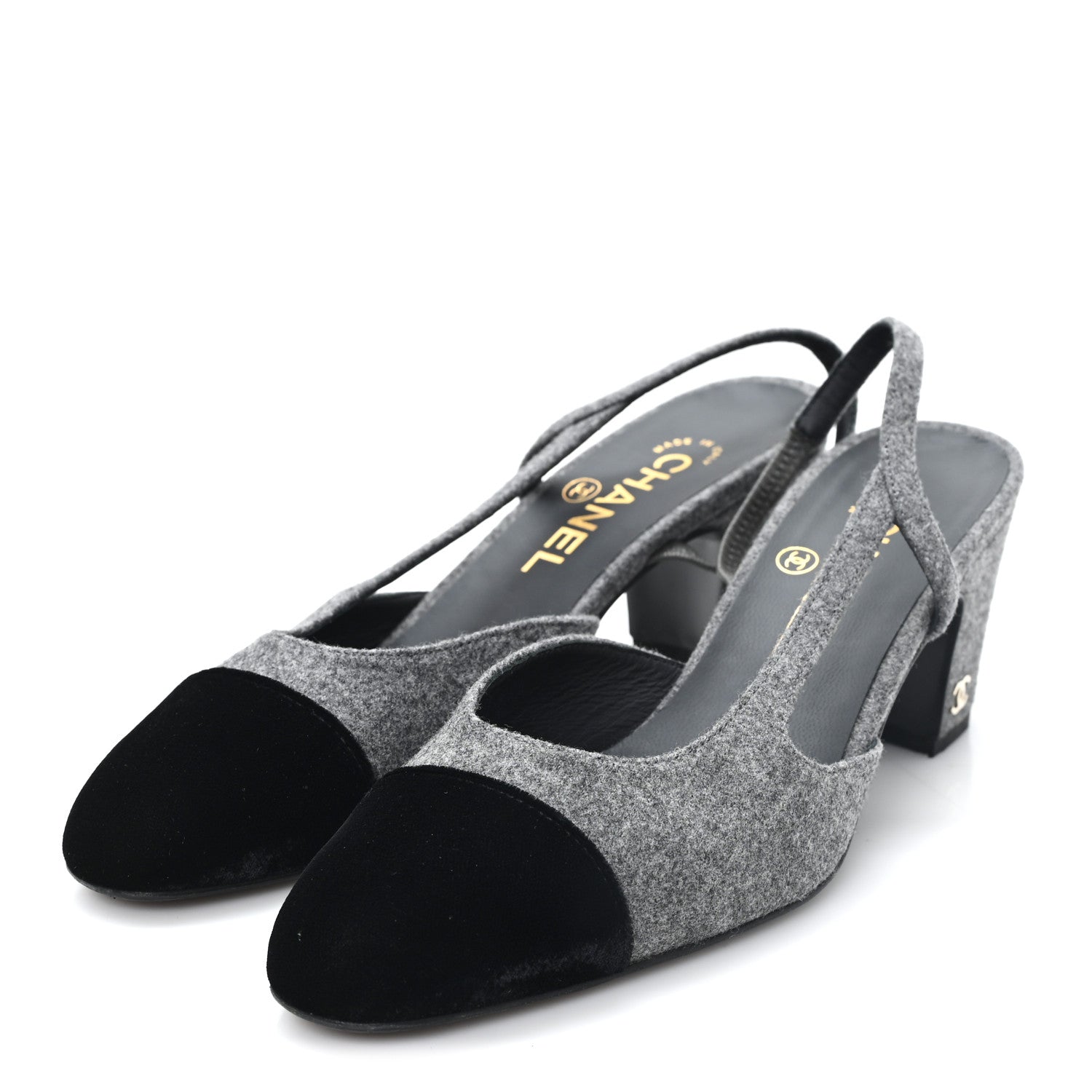 Chanel Tweed Patent Cap Toe CC Slingback Pumps 36.5 Gray 4 of 10