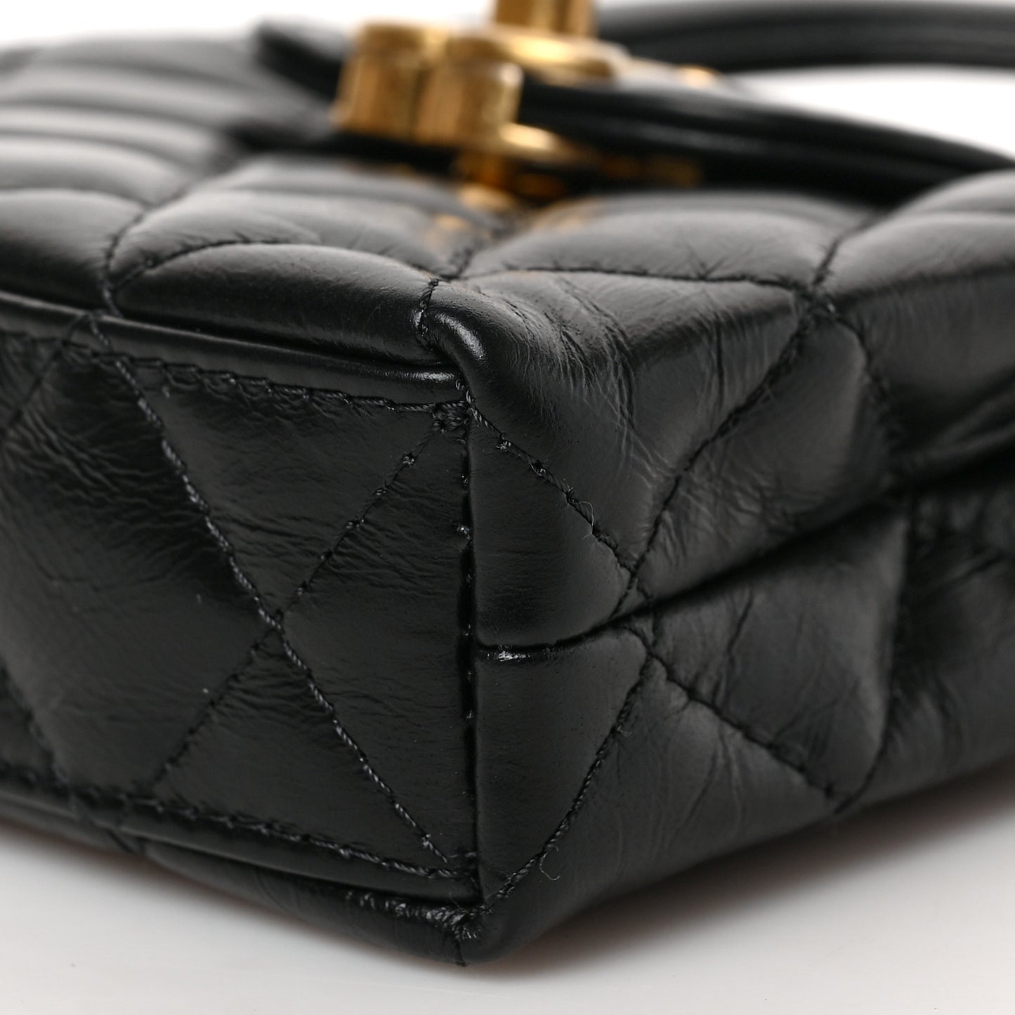 Shiny Aged Calfskin Quilted Mini Nano Kelly Shopper Black