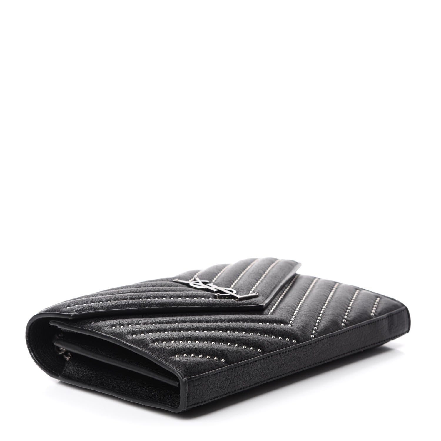 Saint Laurent Sheepskin Matelasse Chevron Studded Monogram Chain Wallet Black 4 of 10