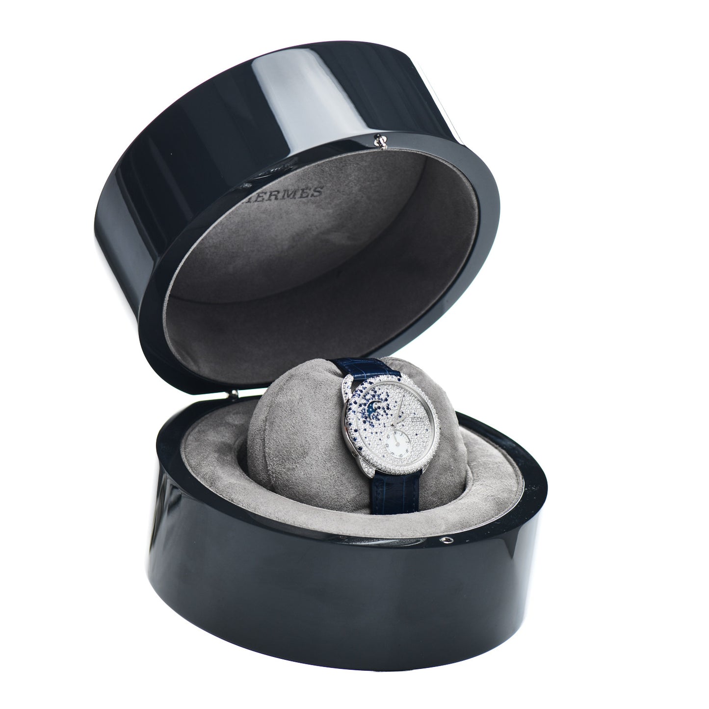 18K White Gold Alligator Diamond 38mm Arceau Petite Lune Automatic Watch Bleu Saphir
