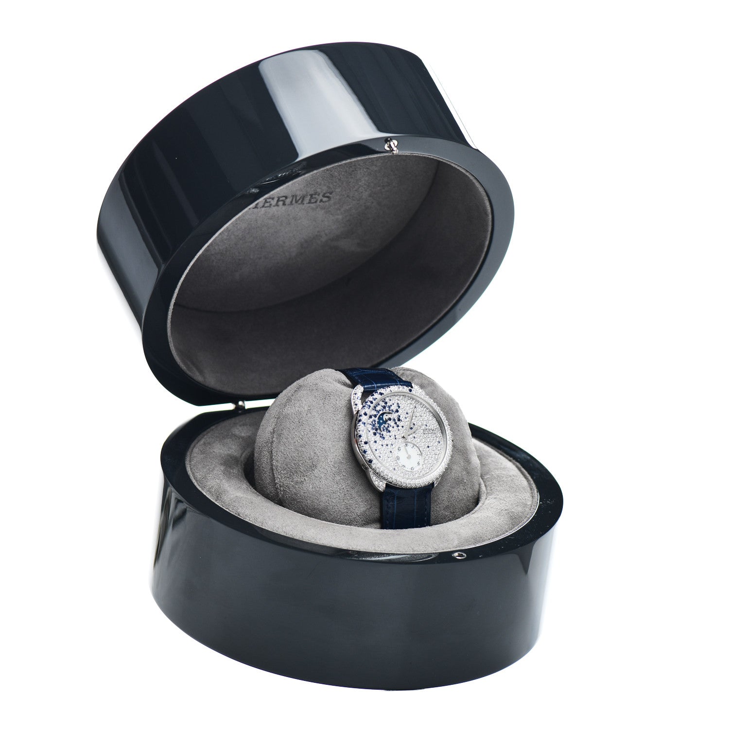 Hermes 18K White Gold Alligator Diamond 38mm Arceau Petite Lune Automatic Watch Bleu Saphir 5 of 5