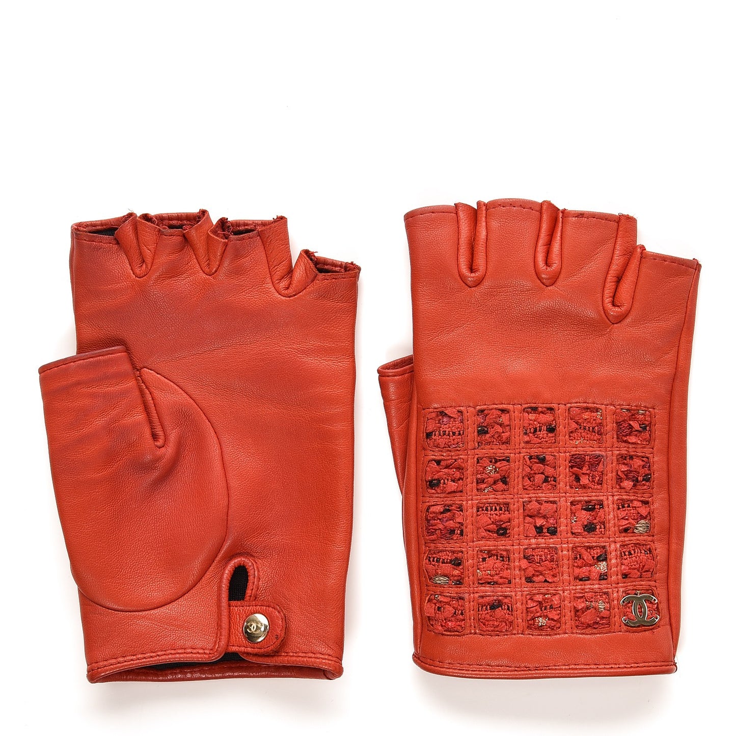 Lambskin Tweed Fingerless Gloves 7 Red
