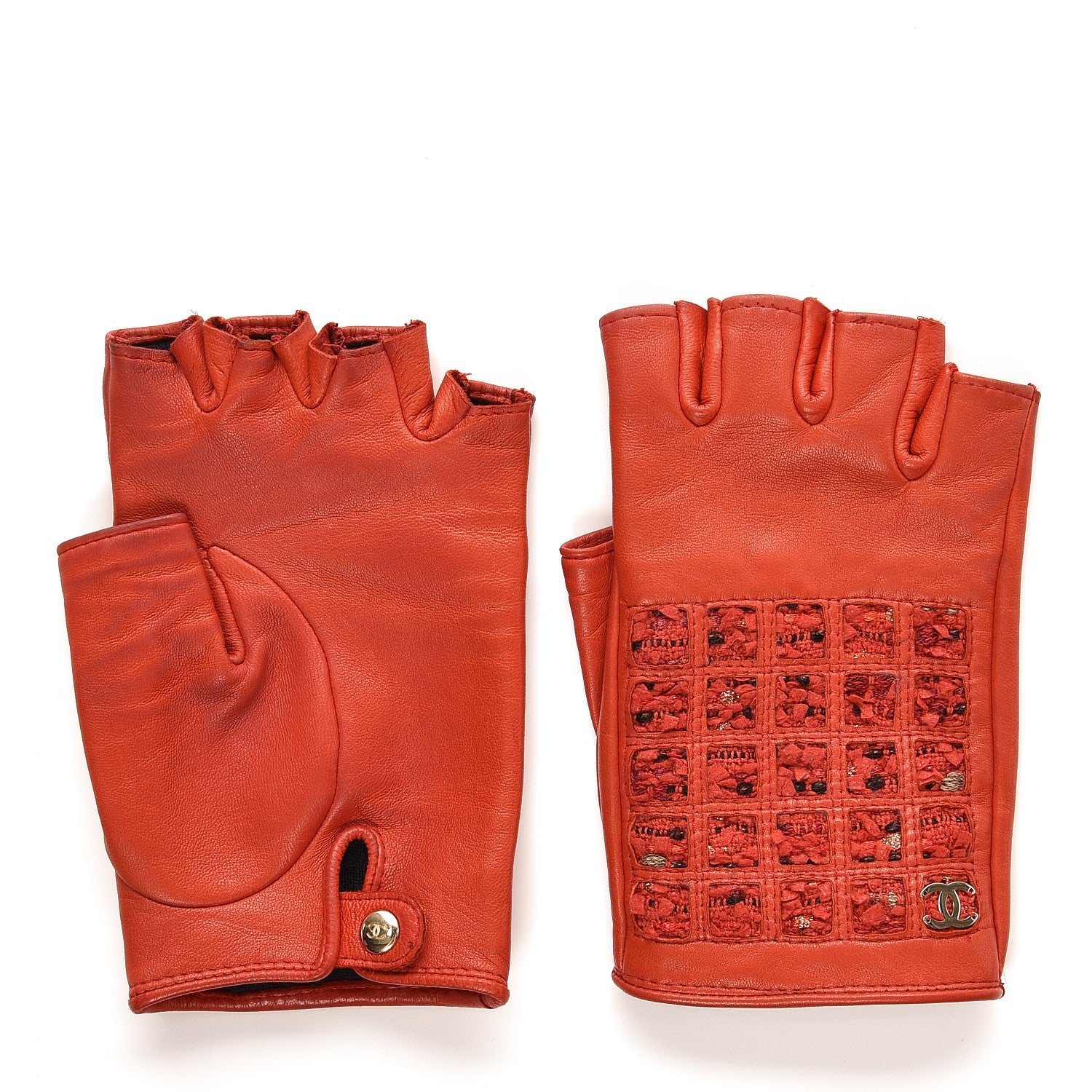 Chanel Lambskin Tweed Fingerless Gloves 7 Red 2 of 8