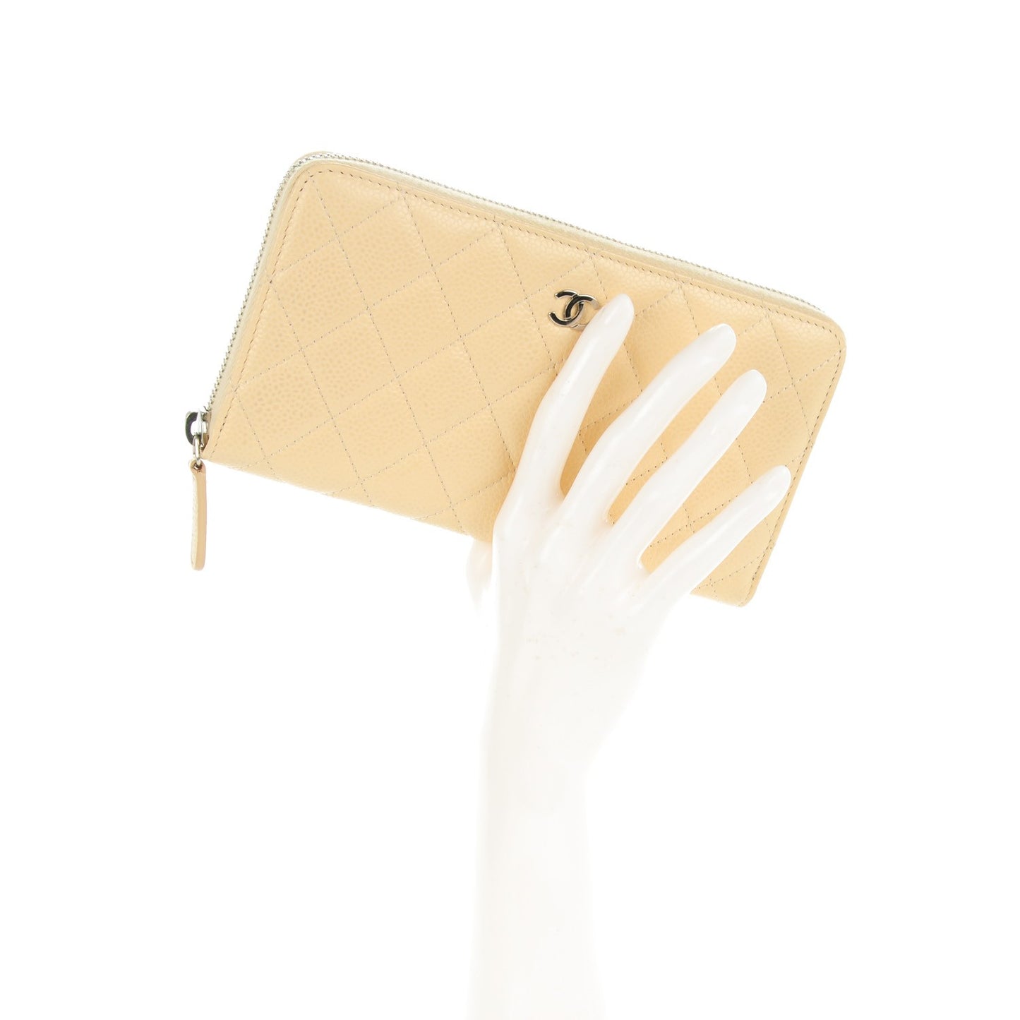 Caviar Quilted Large Gusset Zip Around Wallet Beige Clair