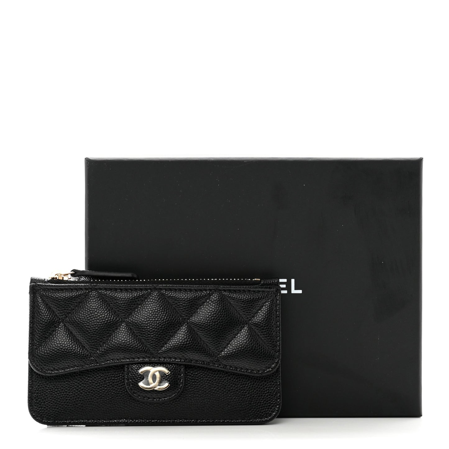 Caviar Quilted Flap Zip Card Holder Black