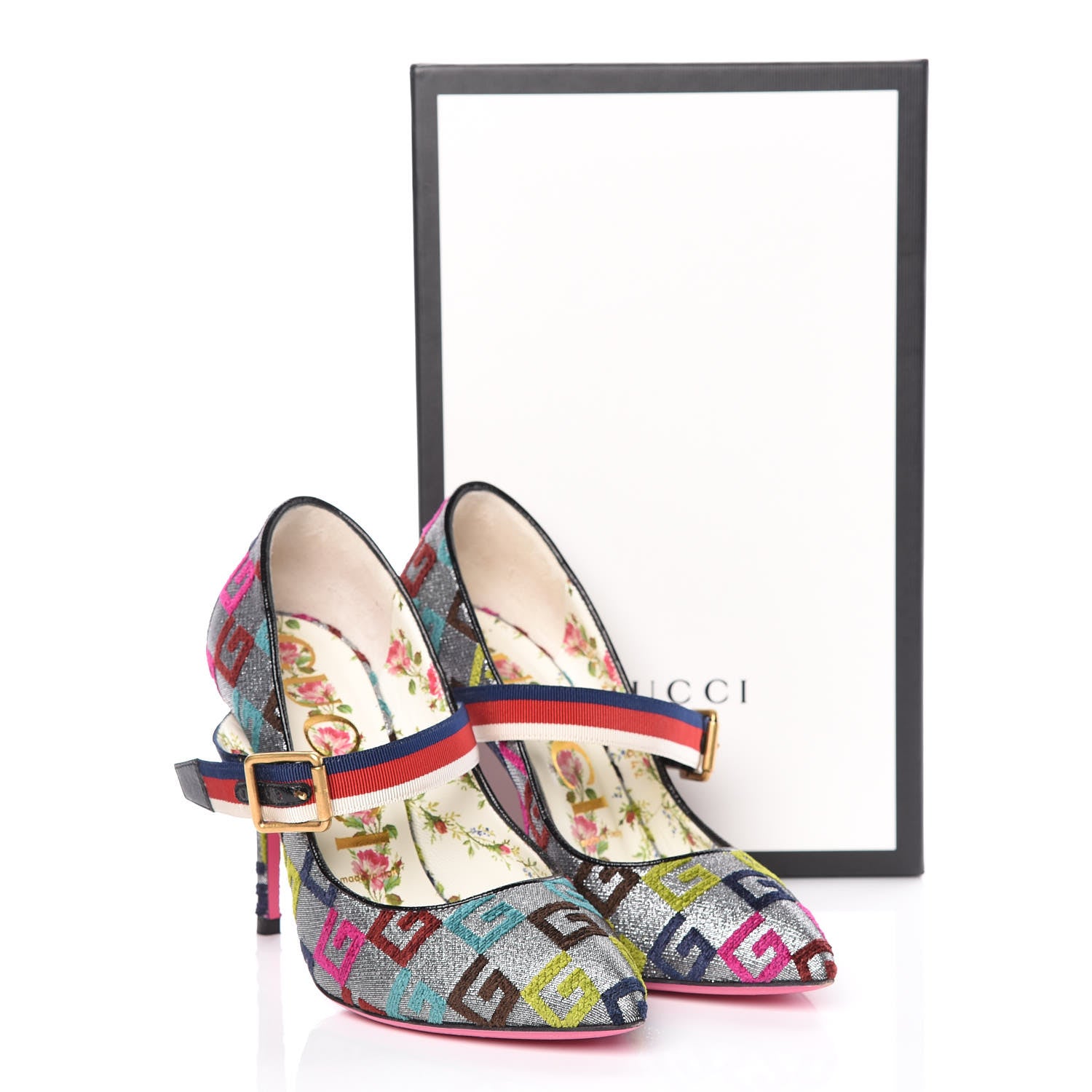 Gucci Velvet Lurex Square G Web Pumps 37.5 Silver Multicolor 14 of 14