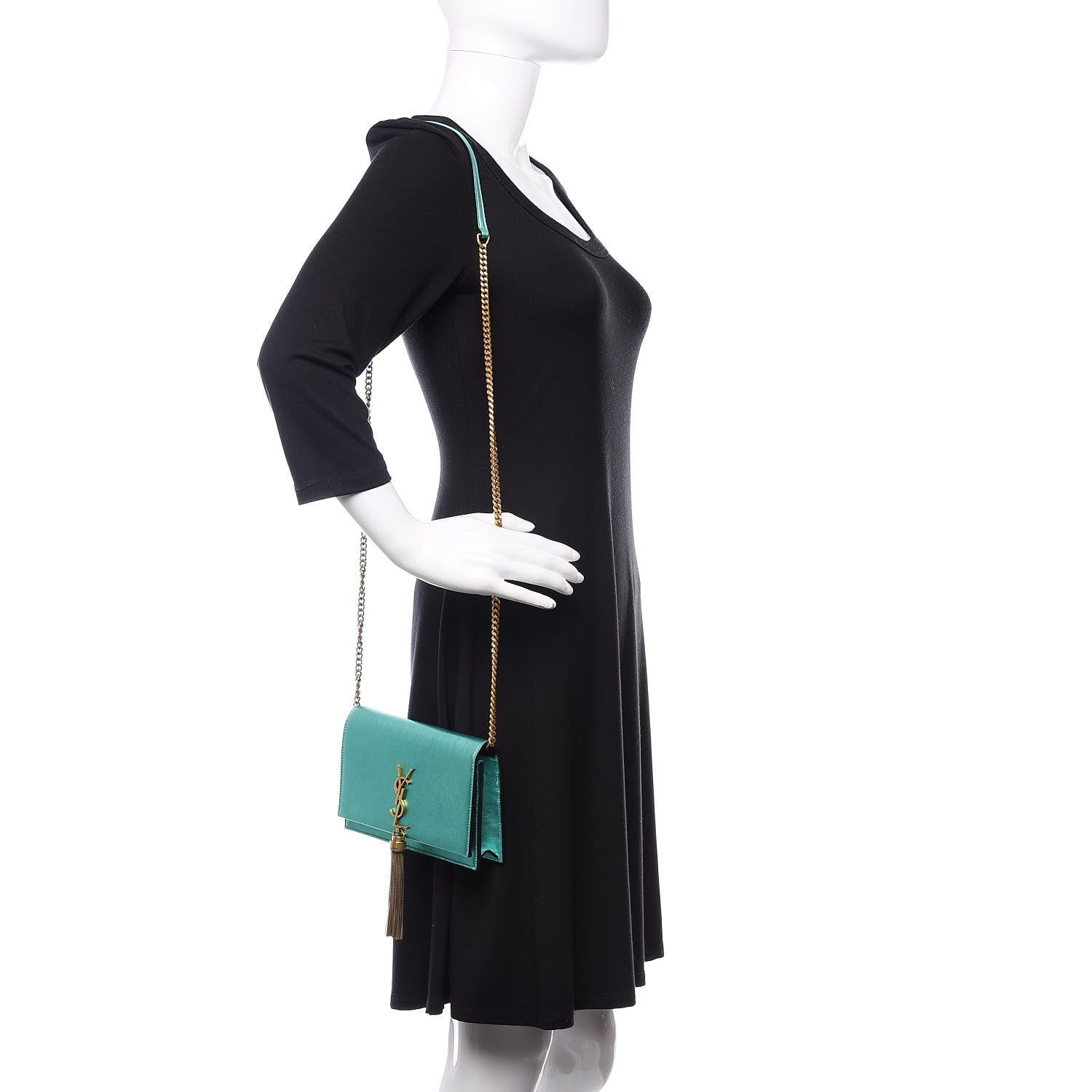 Saint Laurent Laminated Calfskin Classic Monogram Kate Tassel Chain Wallet Green 2 of 15