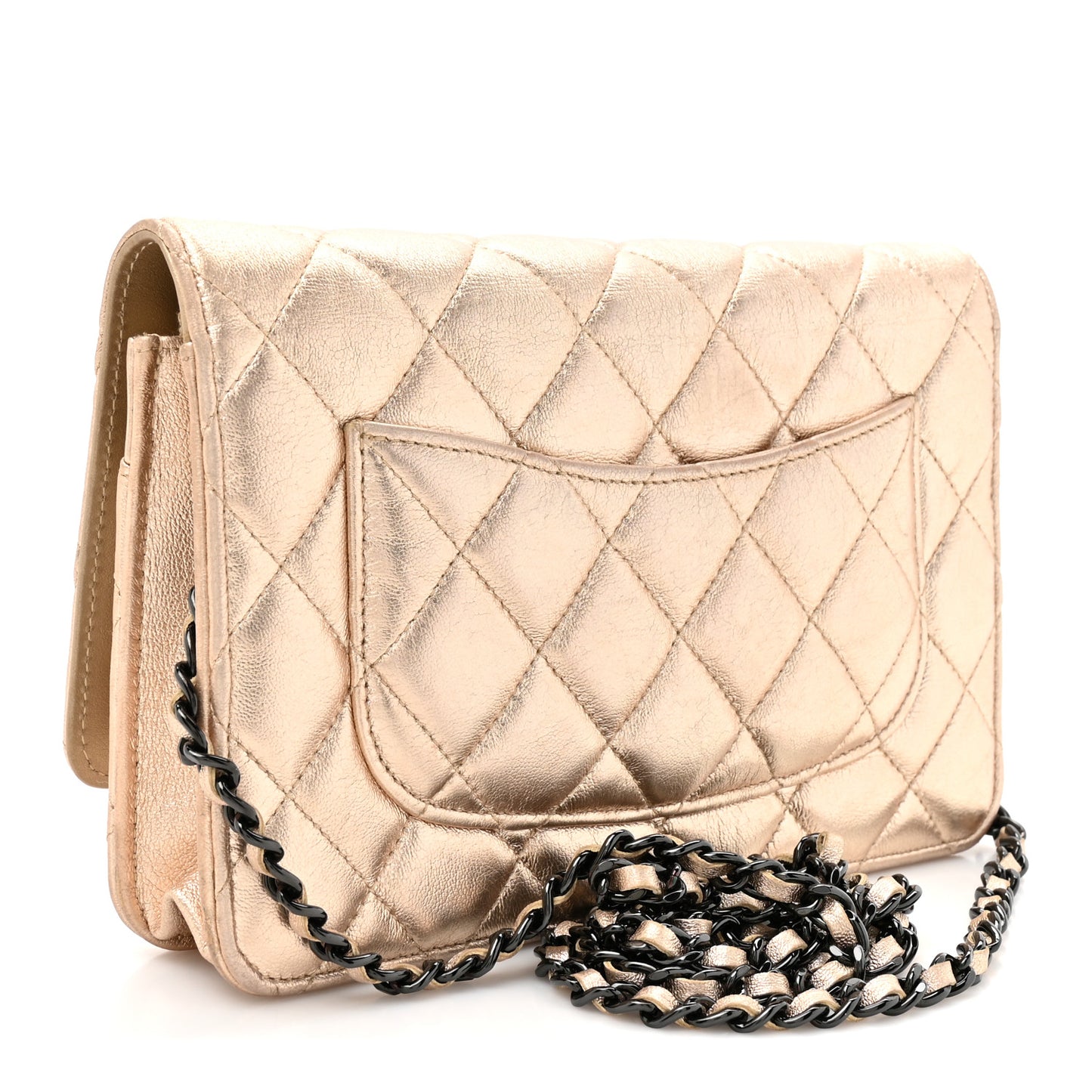 Metallic Lambskin Quilted Wallet On Chain WOC Gold Black