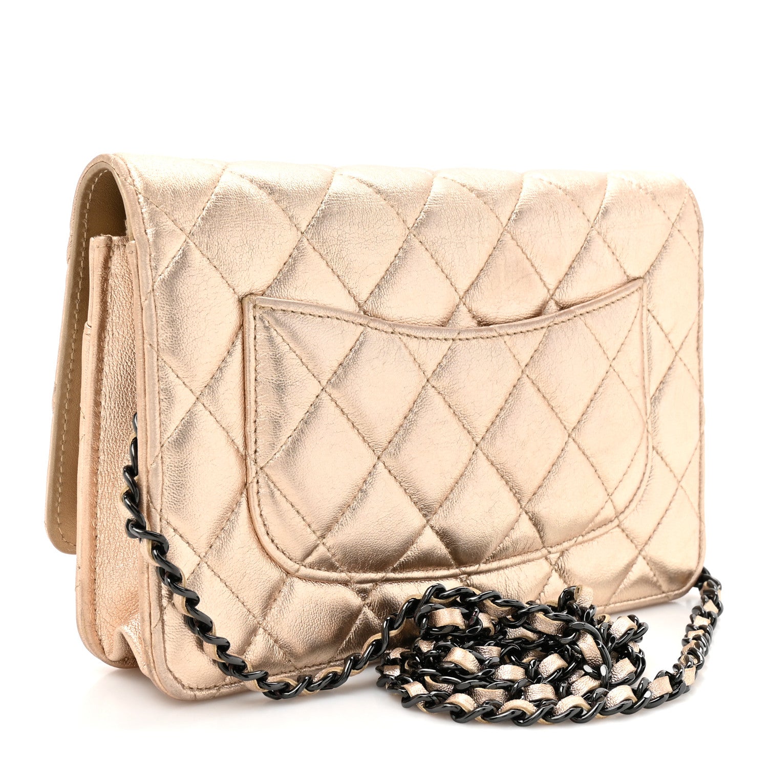 Chanel Metallic Lambskin Quilted Wallet On Chain WOC Gold Black 3 of 14