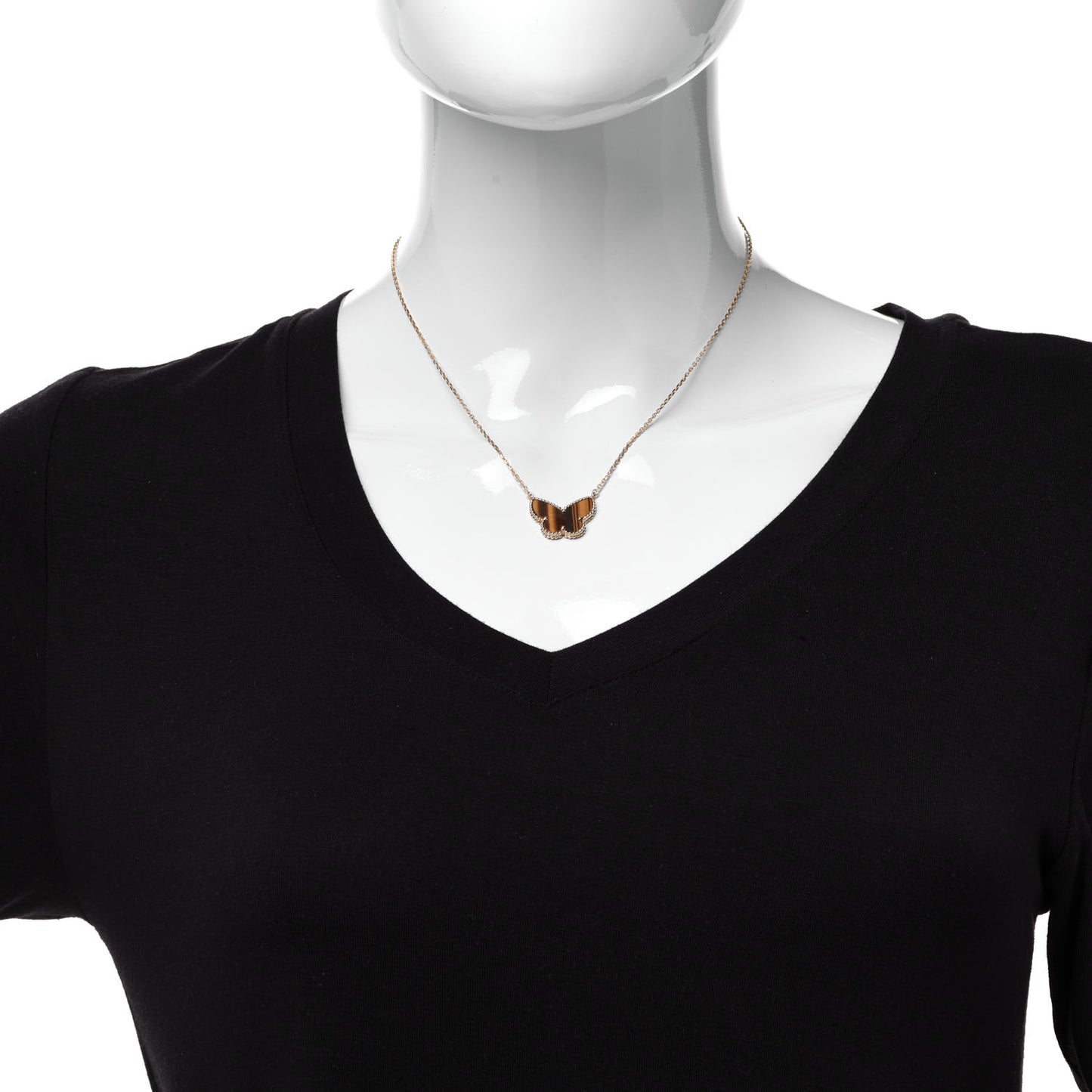 18K Yellow Gold Tiger Eye Lucky Alhambra Butterfly Pendant Necklace